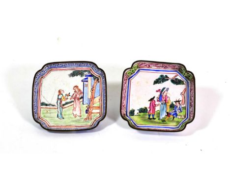 A Canton Enamel European Subject Pin Tray, Qianlong, of canted square form, painted in famille rose enamels with European fig