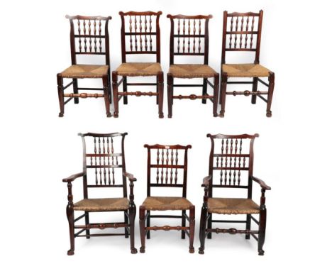 A Set of Seven 19th Century Ash and Rush-Seated Dining Chairs, Lancashire/Cheshire region, including one carver, with yoke sh