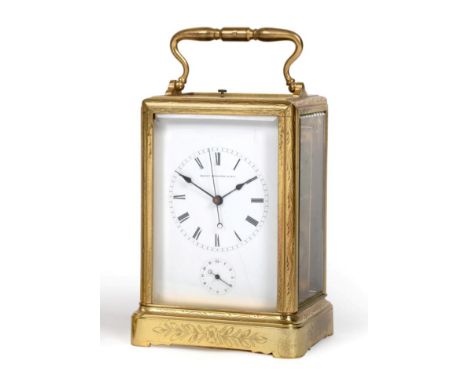 A Brass Engraved Striking and Repeating Centre Seconds  Alarm Carriage Clock, Brevet Dinvention S.G.D.G, circa 1870, carrying