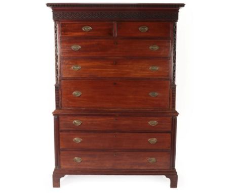 A George III Mahogany Secretaire Chest on Chest, circa 1760, the dentil cornice above a blind fret carved frieze and two shor