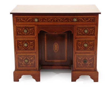 A Late Victorian Mahogany, Satinwood Banded, Ebony Strung and Marquetry Inlaid Kneehole Desk, stamped Maple &amp; Co, the top