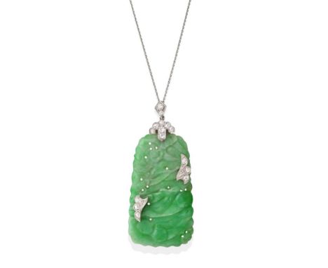 An Art Deco Jade and Diamond Plaque Pendant on Chain, the tapered oblong plaque carved and pierced to depict birds and fruiti