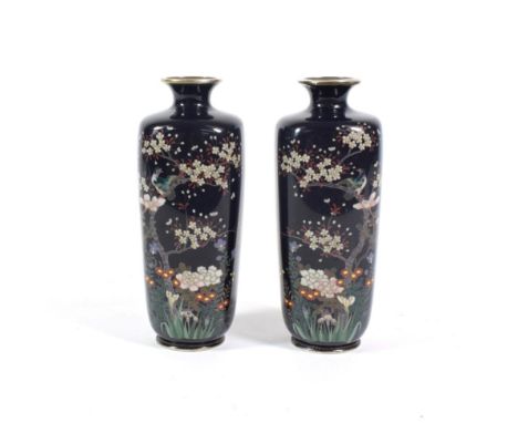 A Pair of Japanese Cloisonné Enamel Vases, Meiji period, of square section baluster form, decorated with birds amongst blosso