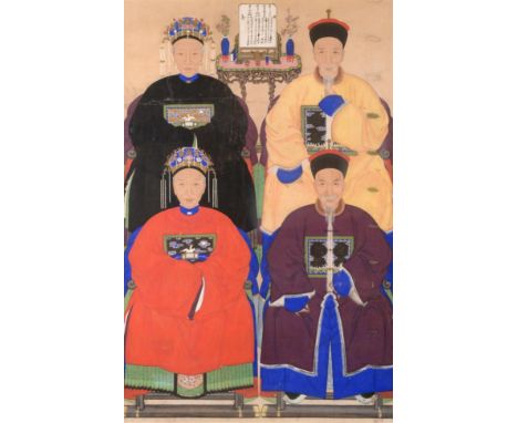 Chinese School (Qing Dynasty) An Ancestor Portrait, depicting four seated figures, the table behind with precious object and 