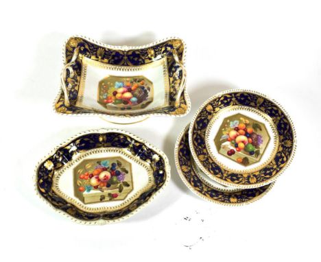 A Derby Porcelain Part Dessert Service, circa 1820, painted in the manner of Thomas Steele with a still life of fruit in bask