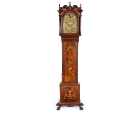 ~ A Mahogany Eight Day Longcase Clock, signed John Wyke, Liverpool, circa 1780, swan neck pediment, later inlaid case, pierce