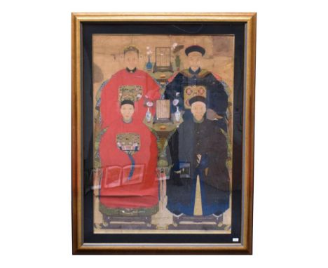 Chinese School (Qing Dynasty) An Ancestor portrait, depicting four seated figures beside two tables with vases and table scre