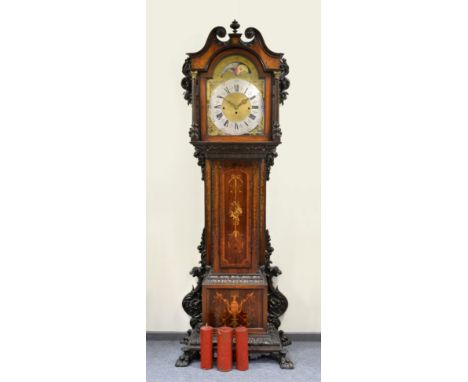 An Impressive Inlaid Carved Chiming Longcase Clock, signed John Lewis, London, circa 1900, swan neck pediment, Corinthian cap