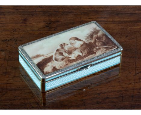 An Austrian silver and enamel snuff box, early 20th century, rectangular form with pale blue guilloche enamel sides, the lid 