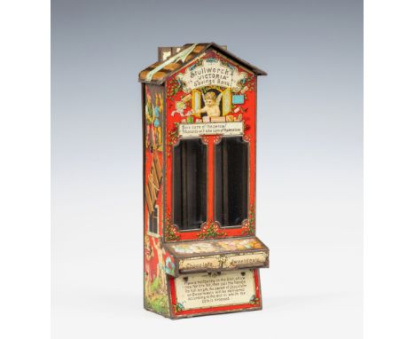 A tinplate Stollwerck "Victoria" Savings Bank, the nicely lithographed tin depicting cherubs & elves at play, two coin slots 