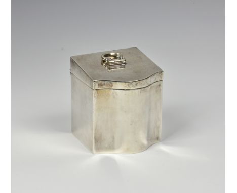 A novelty silver miniature tea caddy in the form of a serpentine knife box, Synyer & Beddoes, Birmingham, 1917, the box with 