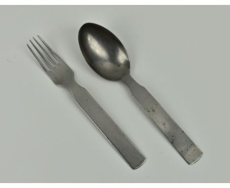 WWII German Army utensil mess set knife &amp; fork, each piece engraved to reverse with German eagle and ESM 41, the other T.
