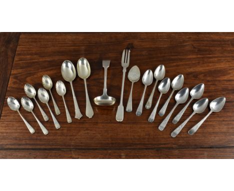 A small collection of silver cutlery, comprising of a large teaspoon with flared and shaped terminal and back of bowl, by Car