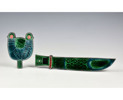 Two Poole Pottery stylised wall plaques by Robert Jefferson, decorated in greens, reds and blue, one depicting twin birds the