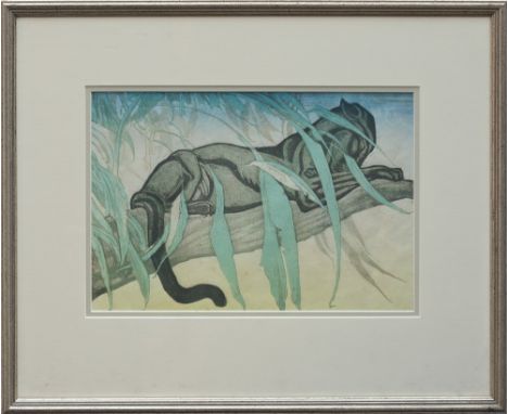 Elsie Marion Henderson (Baroness de Coudenhove) (British, 1880-1967), A panther resting in a tree, lithograph, printed in col