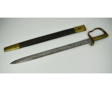 An 1856 British Pioneer sawback sword and scabbard, made by Wilkinson, 1856, the blade marked to one side with "35" with crow