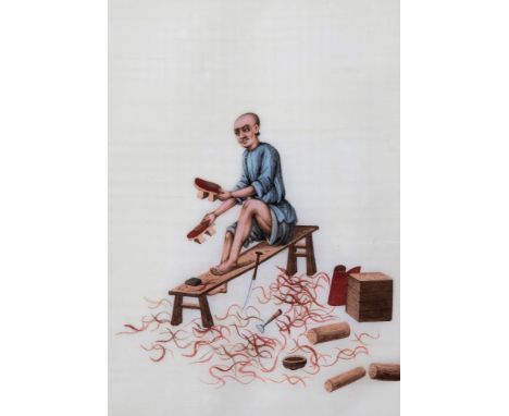 A set of four 19th century Chinese watercolour paintings of artisans at work, on pith paper, finely painted with a shoe maker