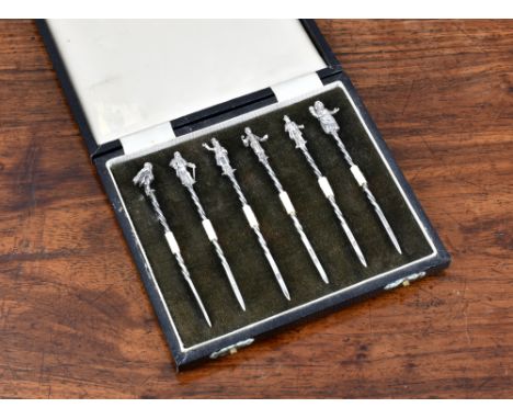 A cased set of six novelty silver Dicken's characters cocktail sticks, Bishton's Ltd, Birmingham, 1970, each stick measuring 