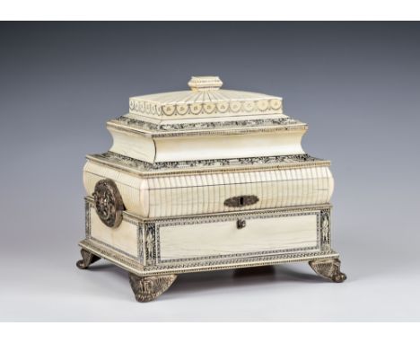 A large Anglo-Indian silver metal mounted engraved ivory writing and work box, Vizagapatam, early 19th century, decorated wit