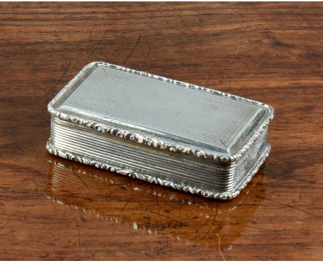 A Victorian silver snuff box, Nathaniel Mills, Birmingham, 1840, of rectangular form with engine turned base & reed edges, th