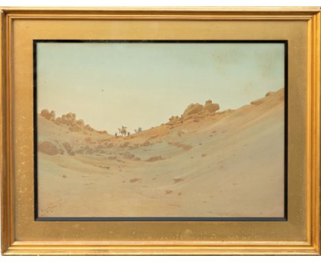 Augustus Osborne Lamplough (British, 1877-1930), Arabs on camels with attendants crossing a desert ridge in the evening light