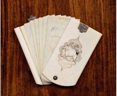 A fine quality Dieppe carved ivory and silver hunt interest aide memoire, 19th century, of arched form, one side finely carve