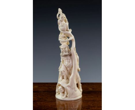 A Japanese carved ivory okimono of Shoki the demon hunter, Meiji period (1868-1912), depicting Shoki beneath a gnarled tree, 