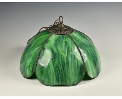 A slag glass and bronzed metal hanging ceiling light, in the style of the American firm Handel, the five petal floral style s