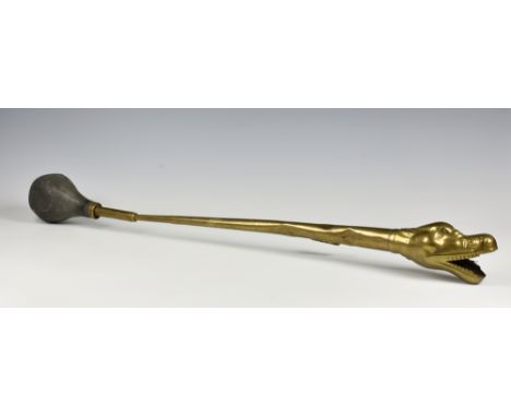 An early 20th century car horn modelled as a brass serpent, the head modelled with a two-prong moving tongue, mounting bracke