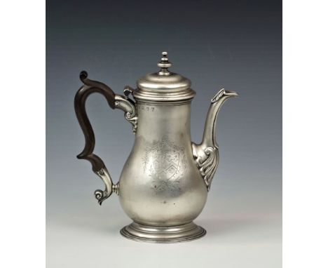 A George III silver coffee pot, Thomas Parr II, London, 1741, plain body of baluster form, engraved to both sides, one with c
