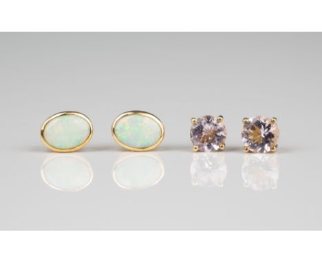 A pair of 9ct gold and white opal stud earrings, together with a pair of 9ct gold and Morganite stud earrings. (4)