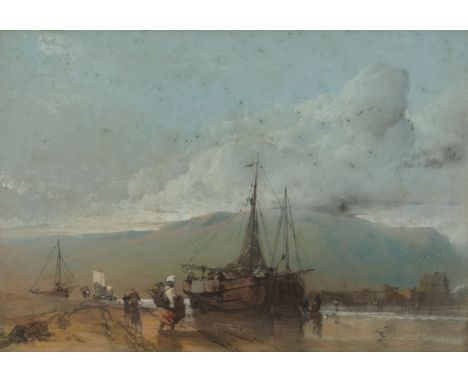 Henry Bright (British, 1814-1873), Fisherfolk and fishing boats on a beach at low tide , watercolour and pencil, heightened w