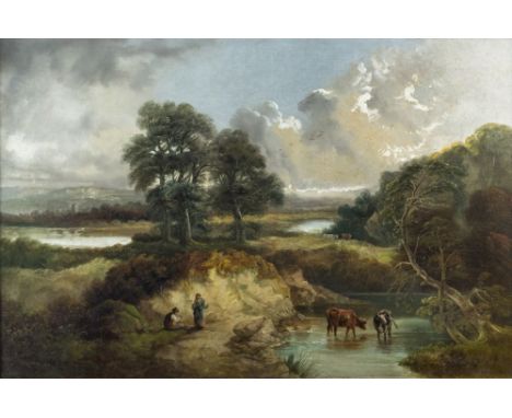 English School (19th century), Figures and cattle watering in an extensive landscape, a city distant , oil on relined canvas,