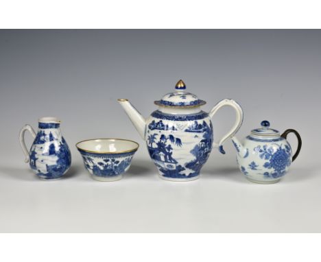 A Chinese export porcelain sparrow beak cream jug, late 18th century, painted in blue and white pagodas around a lake shore, 