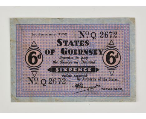 BRITISH BANKNOTE - STATES OF GUERNSEY - German Occupation, German Occupation Sixpence dated 1st January, 1942, serial number 