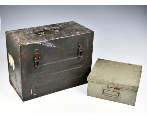 A WWII German Flax telescopic gun sight box, together with a WWII British storage tin, stamped with Broad Arrow and 'W.I.F &a