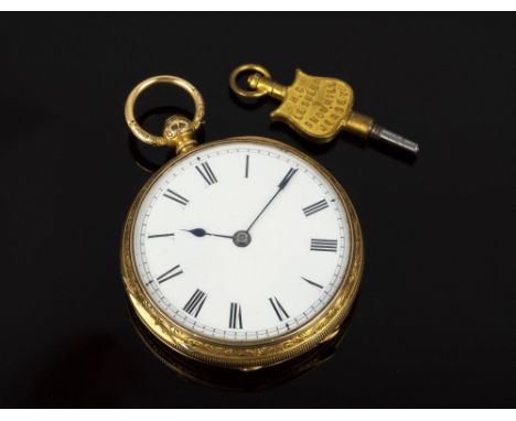 A Victorian 18ct gold open face pocket watch with Channel Island interest, case hallmarked London 1880, the full plate gilt l