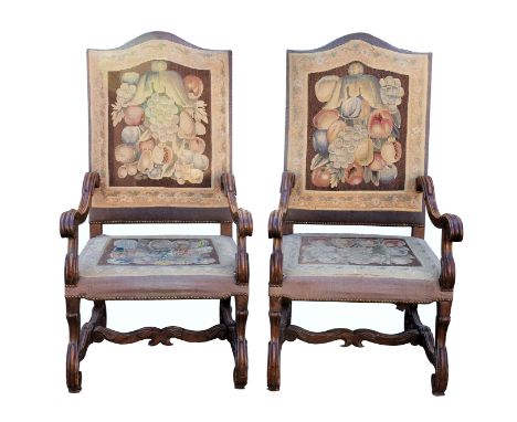 A pair of 19th century French beechwood Os du Mouton open armchairs in the 17th century style, the serpentine backs and stuff