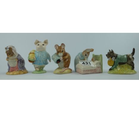 Royal Albert Beatrix Potter figures Lady Mouse made a curtsey, Peter in bed, Little pig robinson, Hunca munca spills the bead