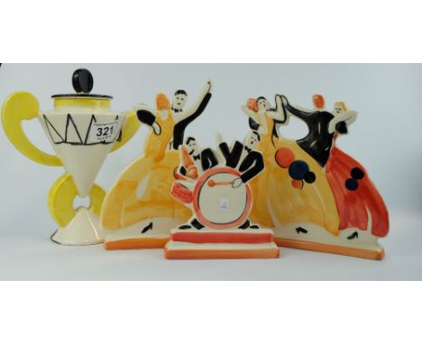 Moorland pottery trial coffee pot together with Three age of jazz flatback figures (4) (one damaged)