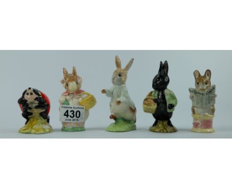 Royal Albert Beatrix Potter figures Tailor of Gloucester, Peter Rabbit, Mother Ladybird, Little Black Rabbit and Mrs Rabbit a