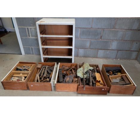 Large collection of vintage hand tools including planes, scribes, rulers, hammers, chisels etc
