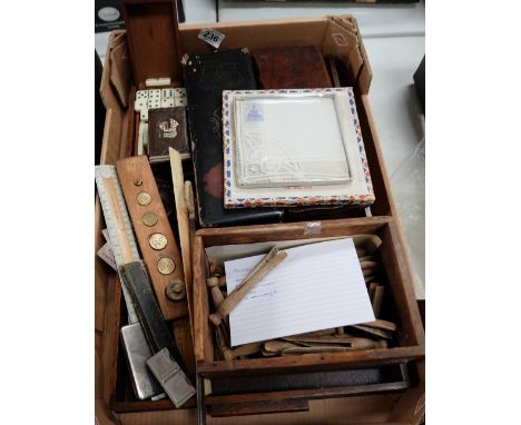 An interesting collection of mixed items to include pen boxes, ivory rulers, postage weights, handmade pegs etc 