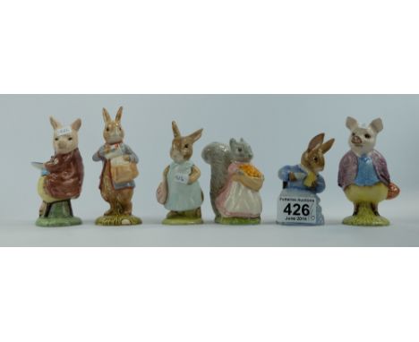 Royal Albert Beatrix Potter figures Peter With Postbag, Cottontail, Pigling Bland, Miss Flopsy Bunny, Pigling Eats his porrid