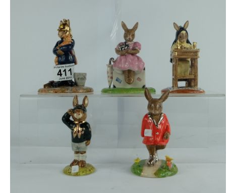 A collection of Royal Doulton Bunnykins figures all with gold and silver highlights to include Be Prepared DB56, Fireman DB37