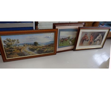 Three large framed prints depicting hunting scenes, landscape scene and a horse portrait (3)