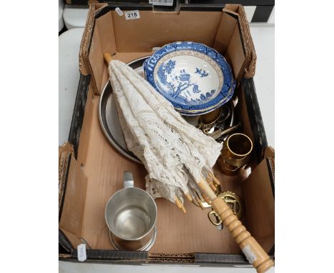 A mixed collection of items to include Blue and White ceramic bowls, ladies lace parasol, Masonic horse brasses, metal ware i