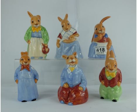 A collection of Royal Doulton Bunnykins figures to include Mother DB472, Mary DB473, Billy DB476, Freddie DB475, Farmer DB471