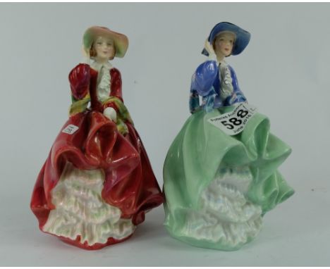 Royal Doulton lady figures Top O the Hill HN1833 in blue and green colourway and Top O the Hill HN1834 (2)