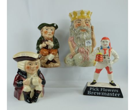 A collection of ceramic items to include Woods toby jugs, Shorter Father Neptune jug and unbranded ceramic advertising figure